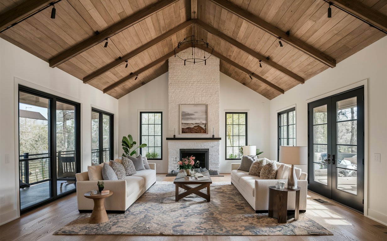 A spacious room with a vaulted ceiling, creating a sense of height and openness.