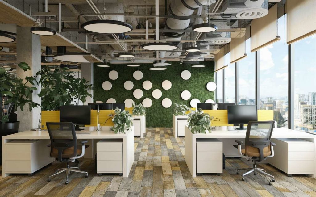 Desks and chairs in a modern workspace