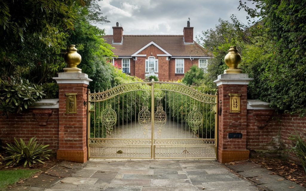 Gold metal gate in front of a brick house