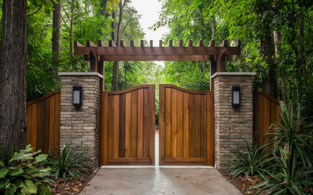 Wooden gate with stone pillars in a forest