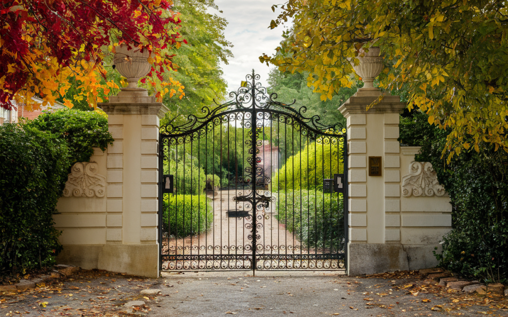 Wrought iron gate with circle design leading to a garden