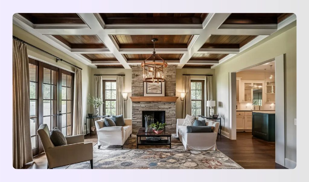 Traditional living room showcasing a rich wooden coffered ceiling design