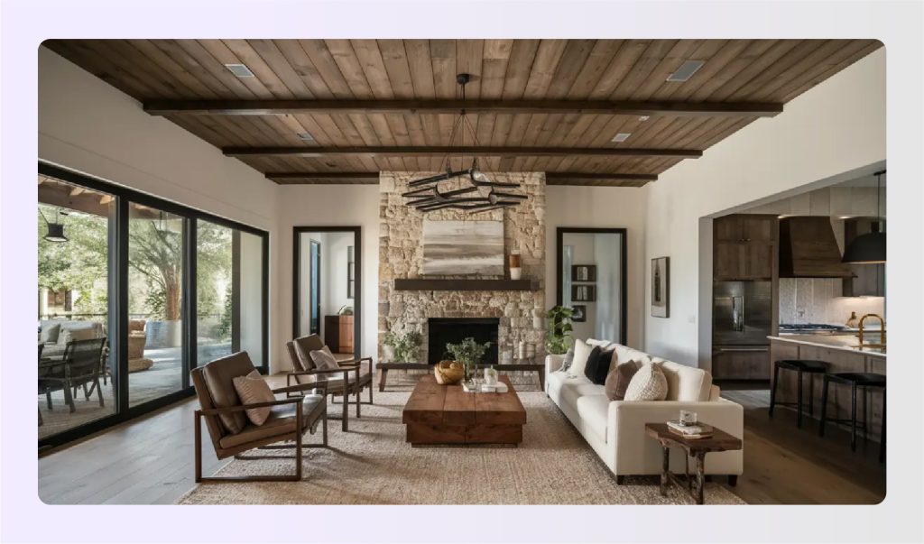 Rustic living room featuring a warm wooden plank ceiling with beams