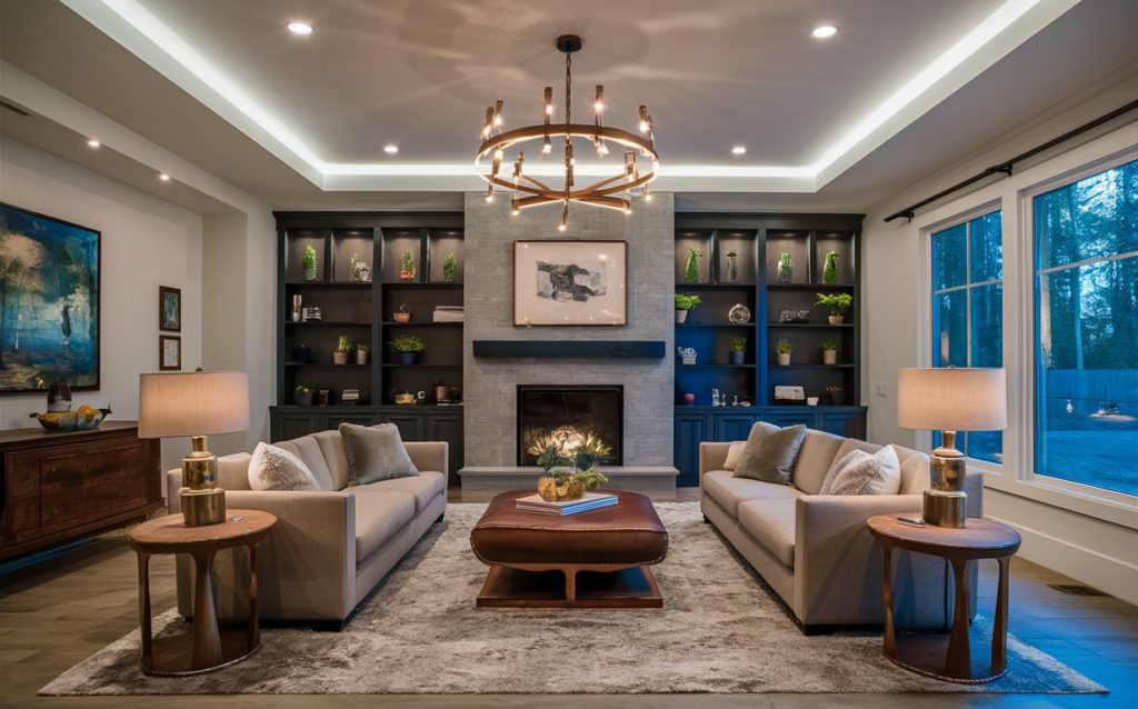 living room with cove lighting