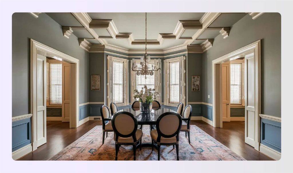 Elegant dining room featuring detailed crown molding on the ceiling