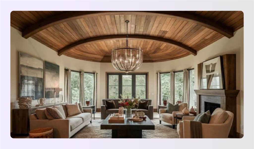 Cozy living room featuring a curved barrel vaulted wooden ceiling Cozy living room featuring a curved barrel vaulted wooden ceiling