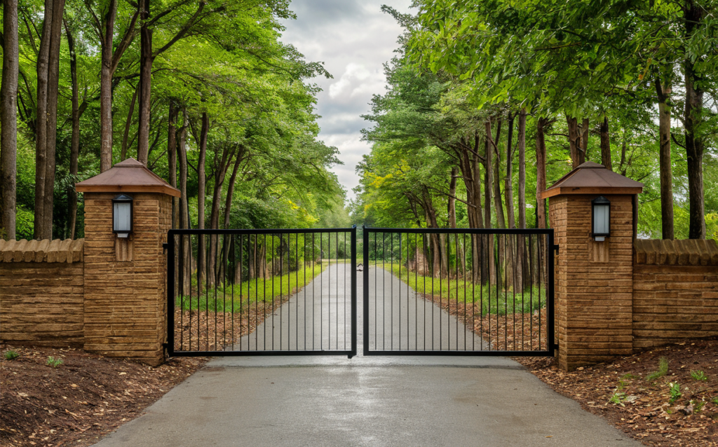 Cantilever Gate leading to a driveway lined with trees