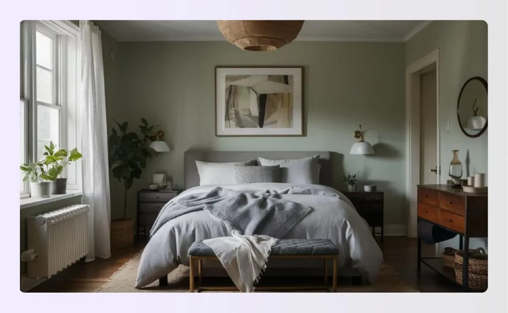 A beautifully made bed with plush grey and white bedding