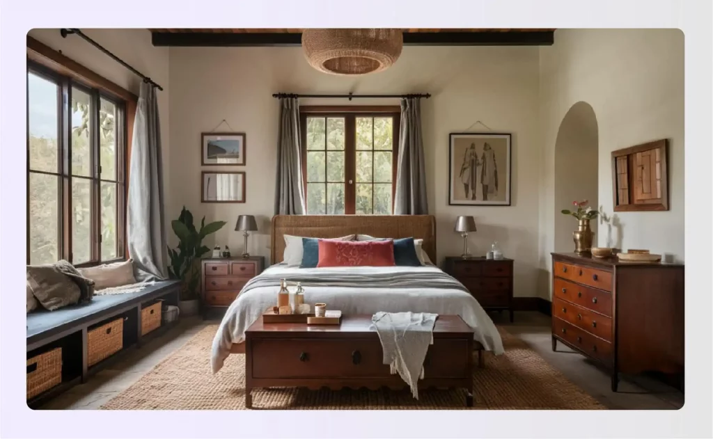 A bedroom with a storage chest and a built-in window seat