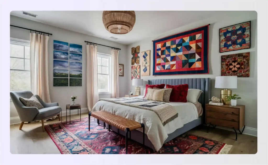  A bohemian bedroom with colorful textile art above the bed
