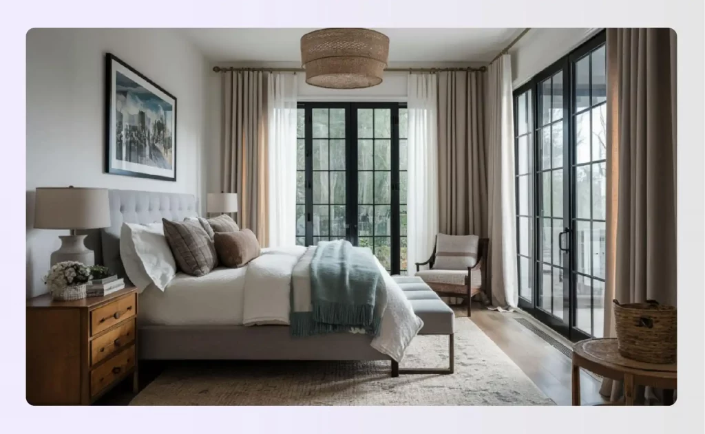 A bright master bedroom with elegant, light-colored curtains