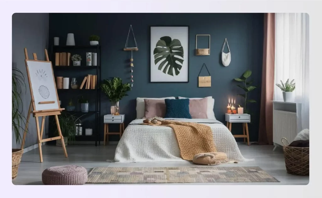 A calming bedroom with an art easel and personal decor items