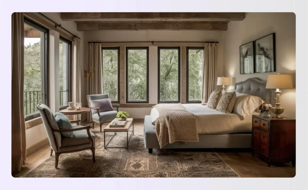 A cozy seating area with two armchairs in a master bedroom