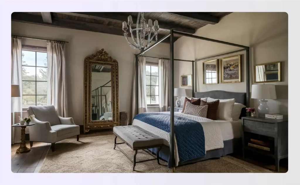 A large, ornate gold-framed mirror in a rustic bedroom