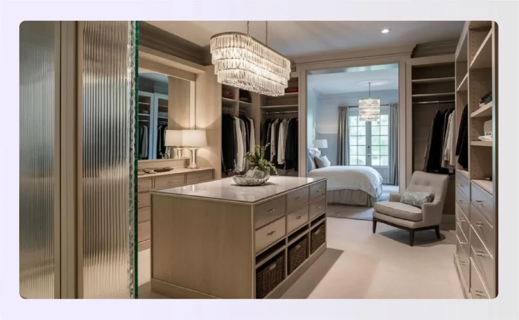A luxurious walk-in closet with an island and chandelier