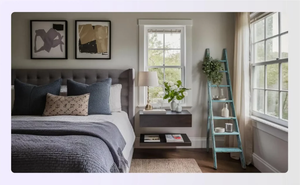 A modern floating nightstand next to a grey tufted bed