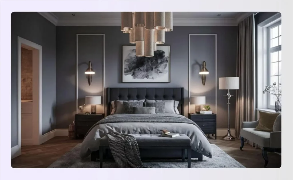 A moody master bedroom with layered lighting from multiple sources