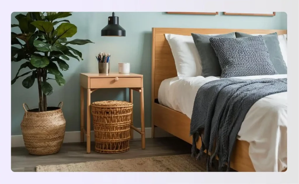 A stylish wicker bin next to a small wooden nightstand