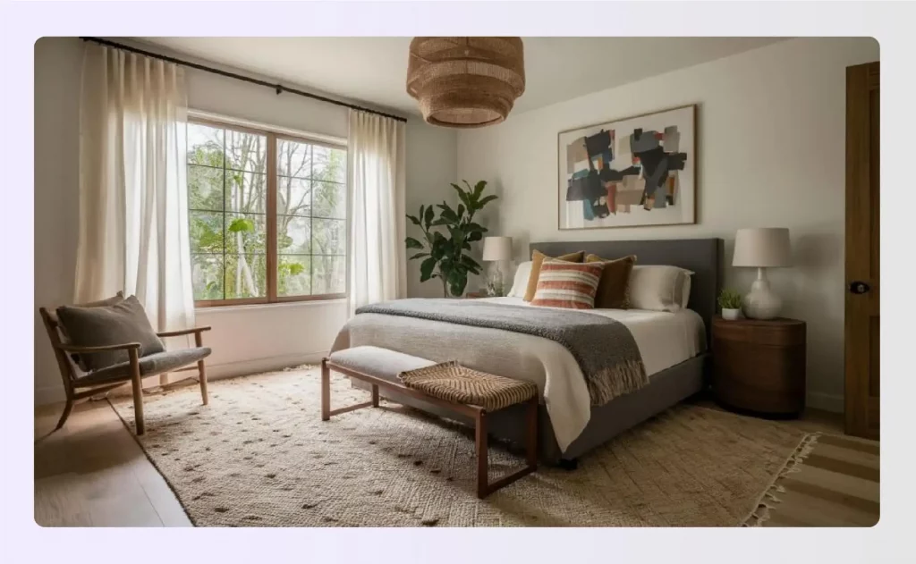 A textured area rug under a bed in a modern bedroom