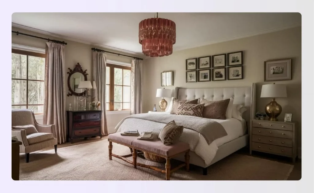 An elegant bedroom featuring personal decor and framed pictures