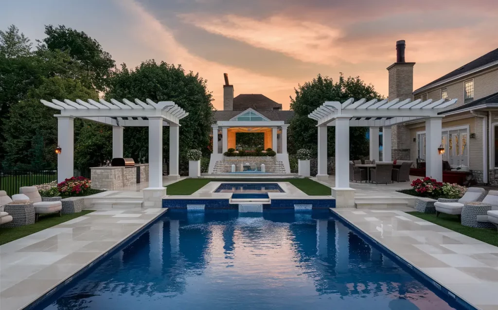 Shaded patio area with overlooking a tranquil pool.