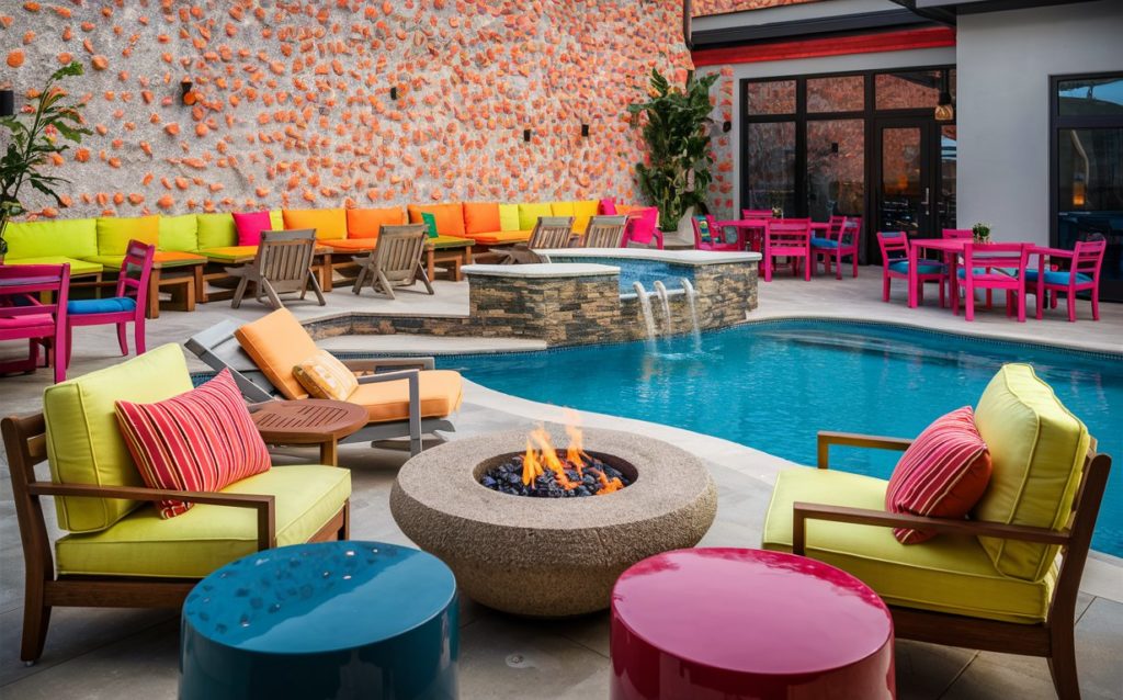 Patio with brightly colored stucco wall, featuring vibrant hues and a lively atmosphere