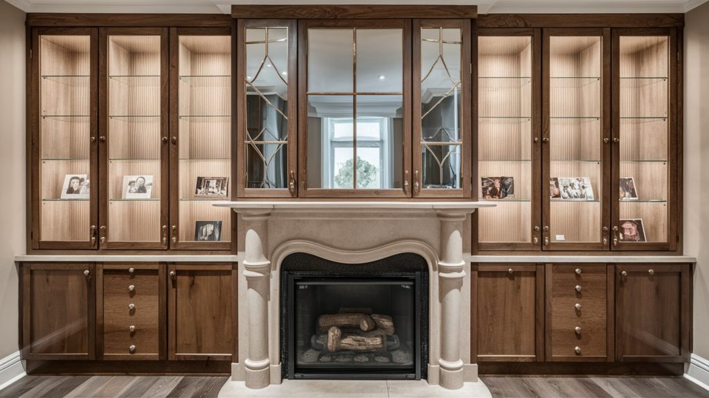 Cabinet seamlessly integrated into the fireplace structure, combining storage and functionality within the hearth area.