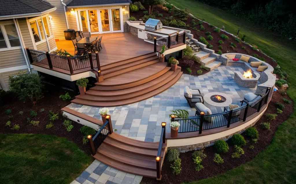 An outdoor living space featuring a seamlessly integrated combination of patios and deck