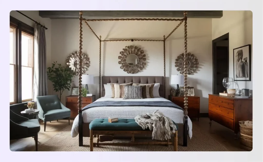 Sturdy wooden bed frame defines master bedroom essentials