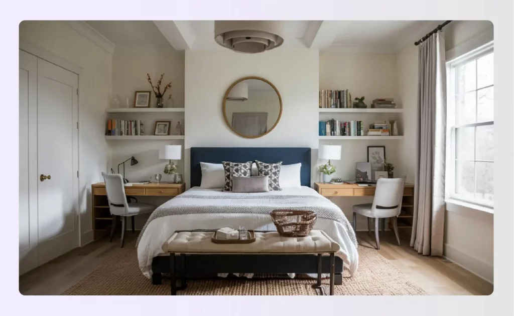 Symmetrical bedroom with built-in desks on either side of the bed
