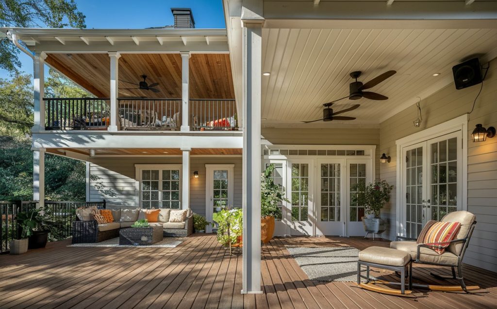 Cozy under-deck patio with seating area and string lights