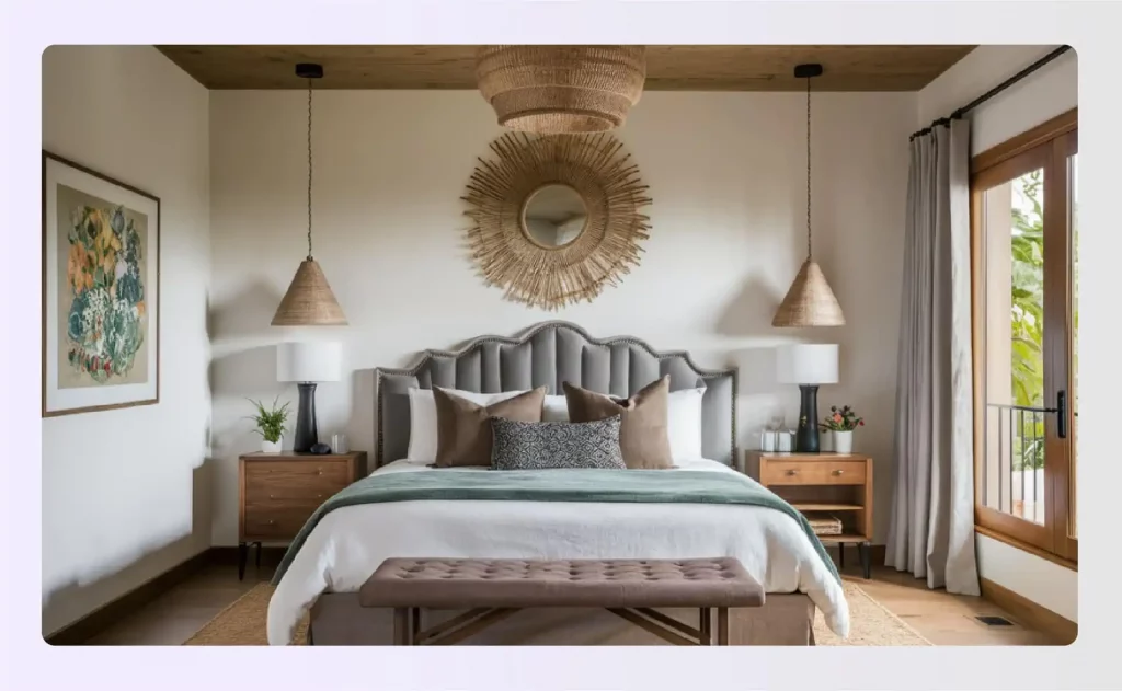 Upholstered headboard elevates master bedroom design essentials