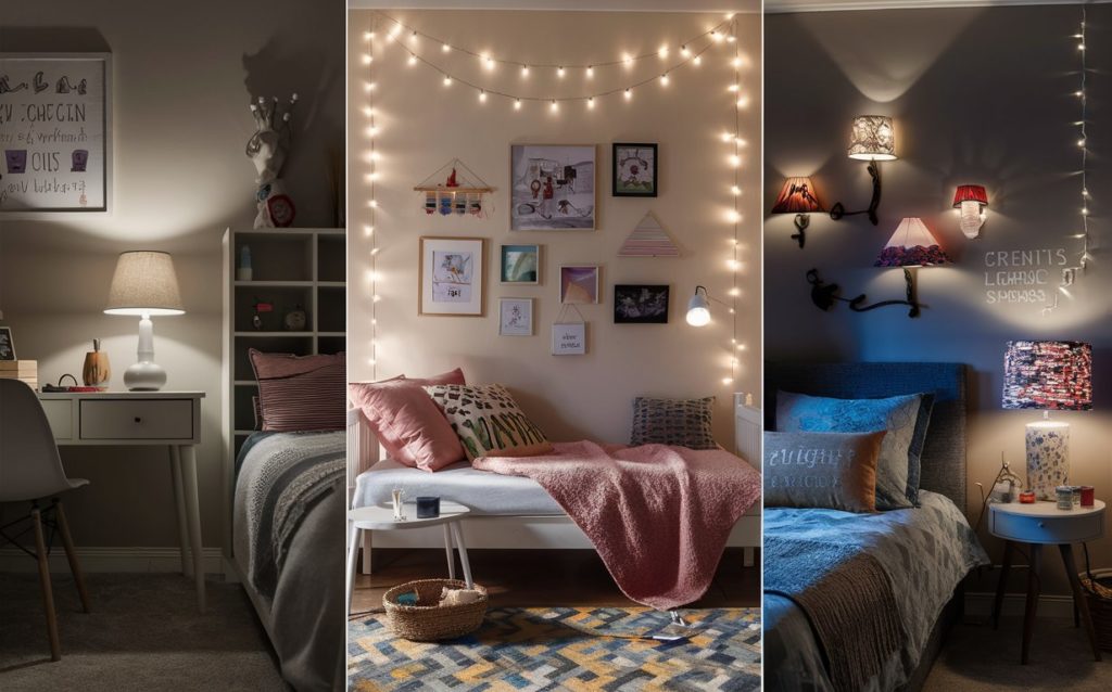 Teen bedroom with lighting fixtures