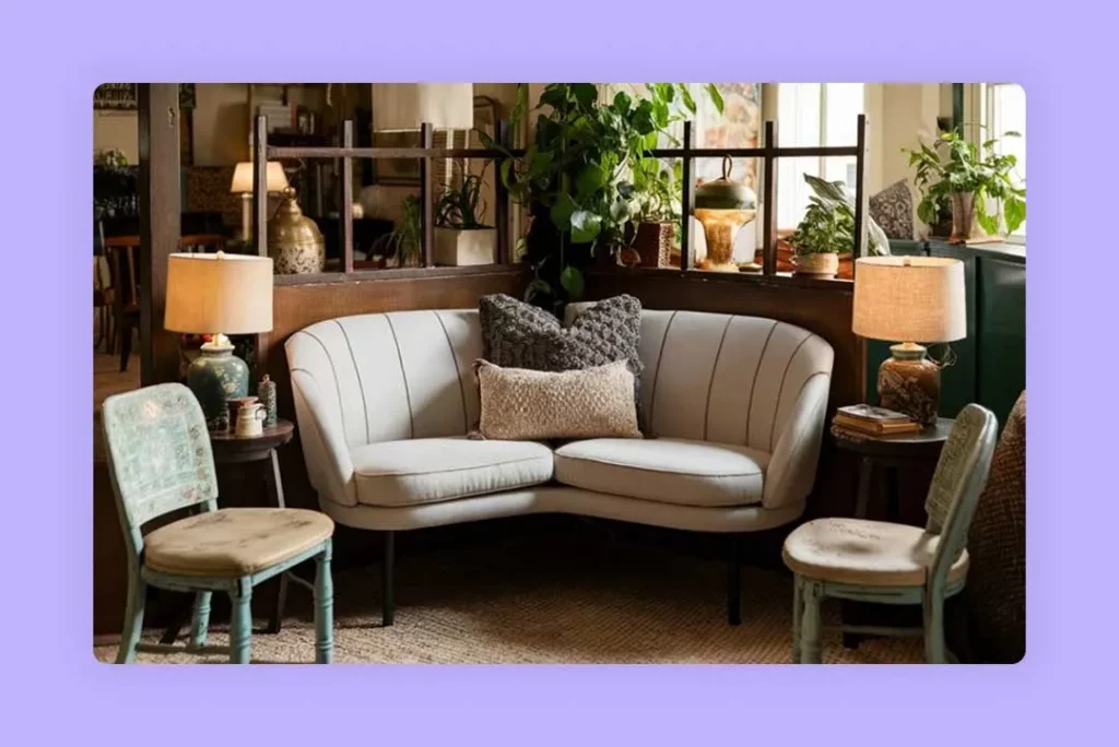 A comfortable living room with a couch, chairs, and lamps.