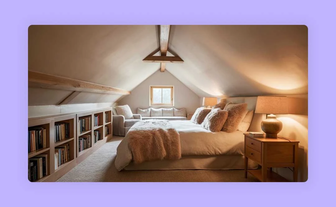 A furnished bedroom with a bed and a seating area.