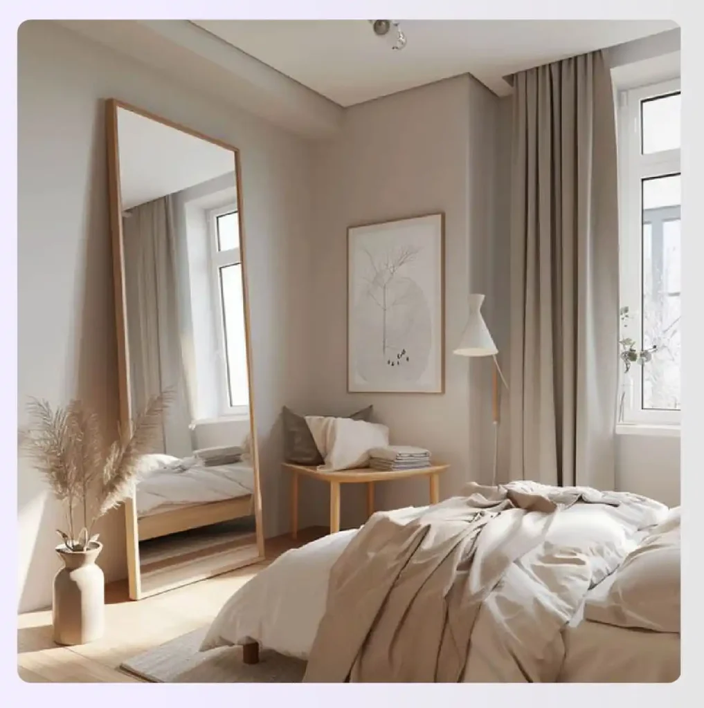 A large, elegant mirror reflecting light in a small room