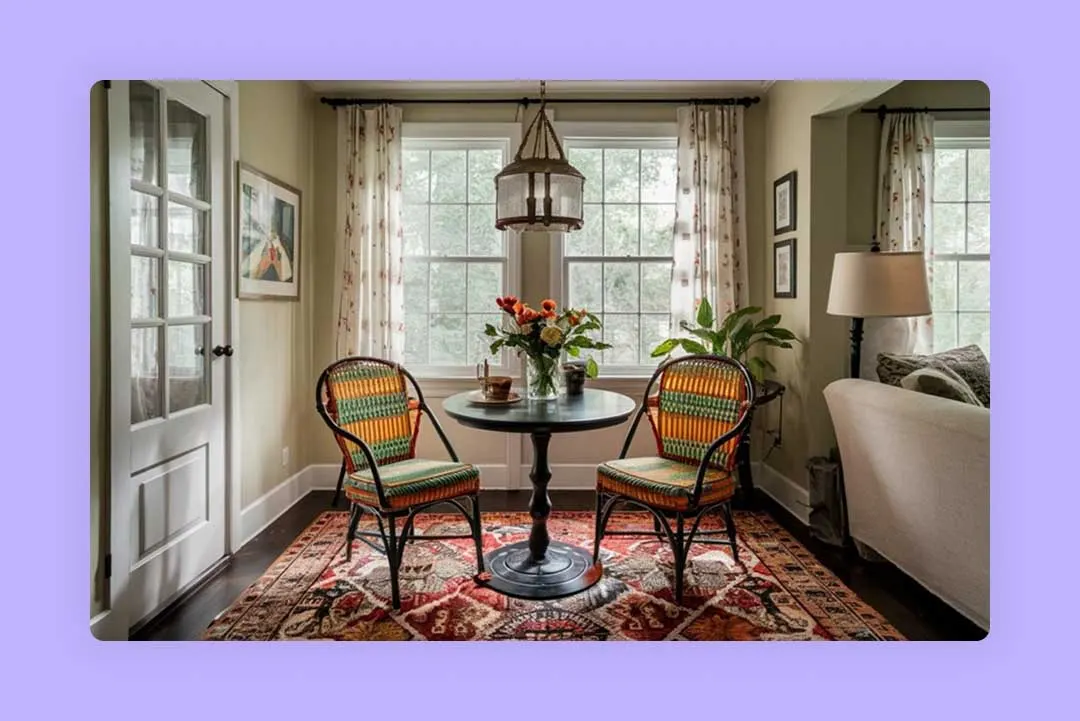 A living room furnished with a table and chairs.