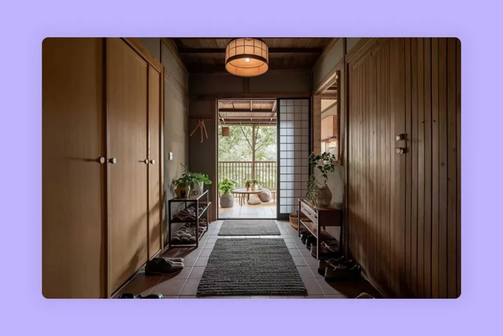 A long hallway with a glass door leading to a balcony.