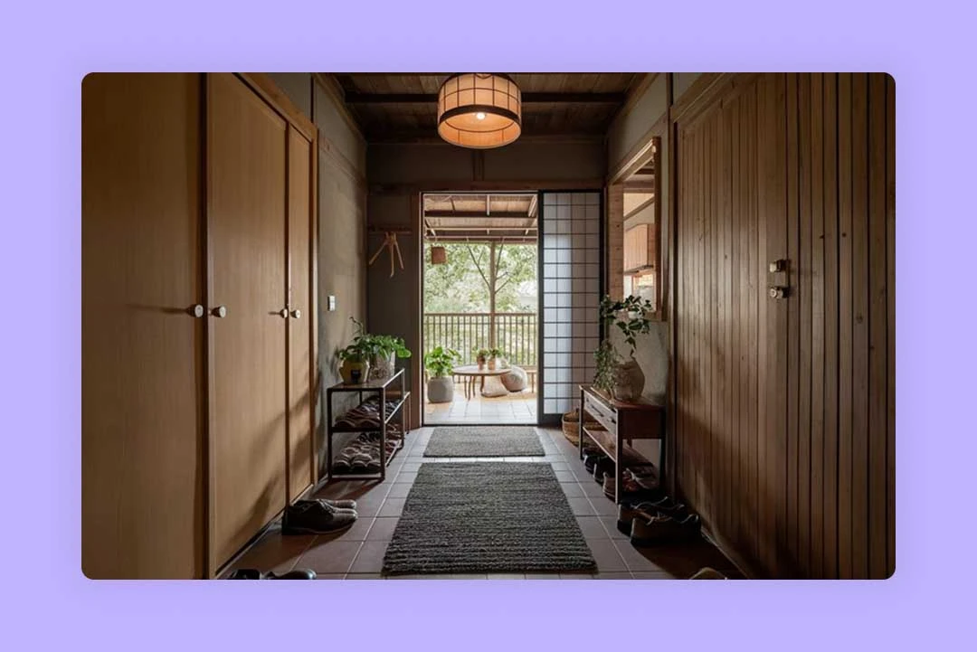 A long hallway with a glass door leading to a balcony.