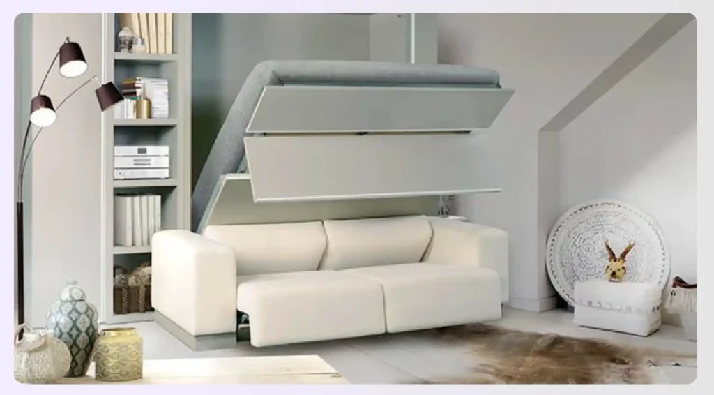 A minimalist living room with a white sofa-bed combination