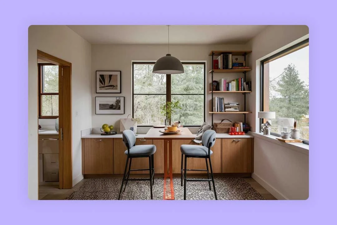 A modern kitchen dining area with a white table and four chairs.