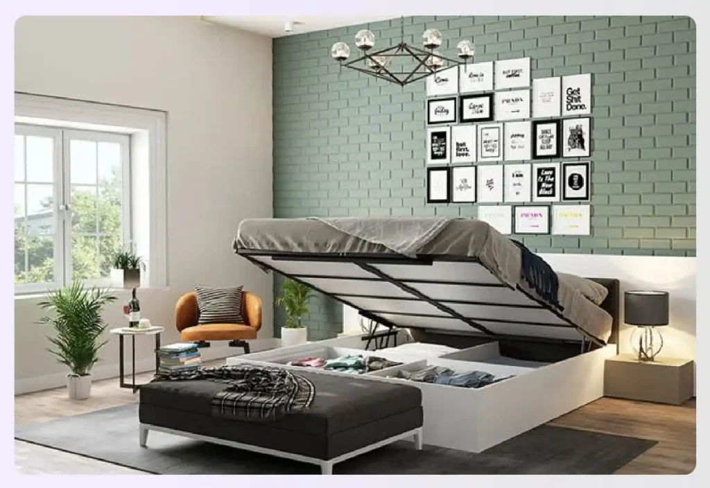 A modern white bed with under-mattress storage