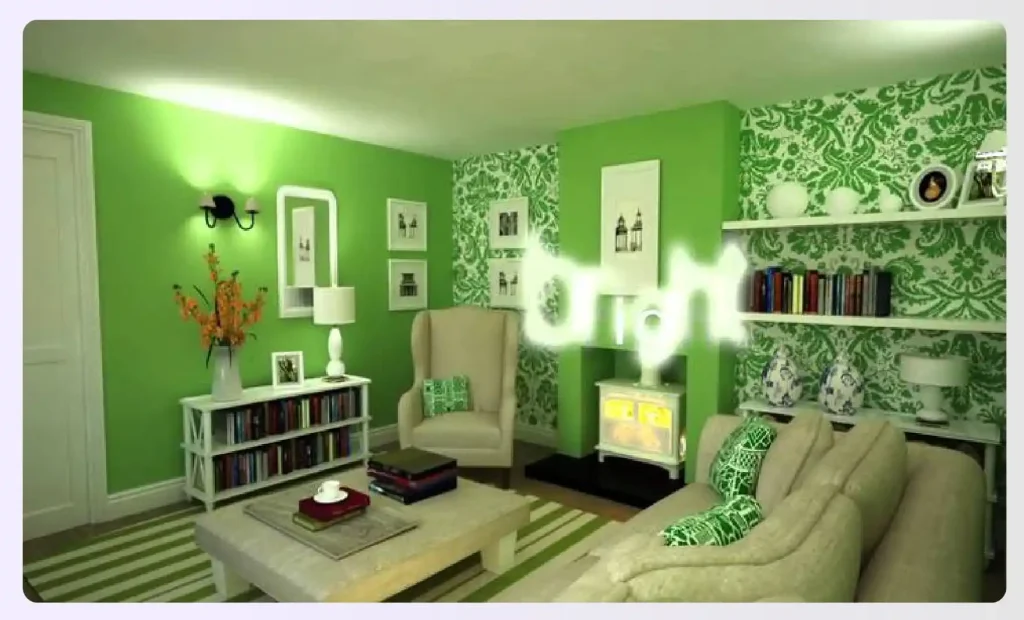 A small living room painted a vibrant shade of green