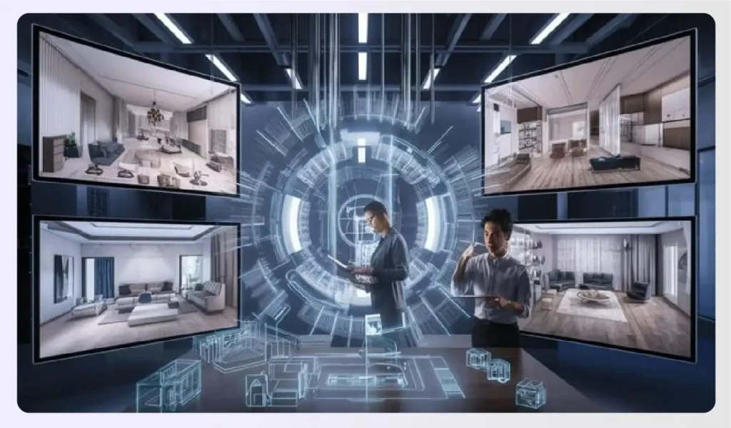 AI interface showing multiple design iterations and layouts