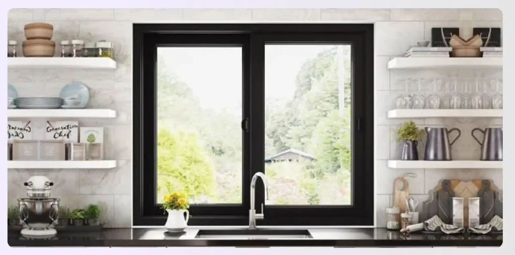 Black-framed sliding window over a kitchen sink