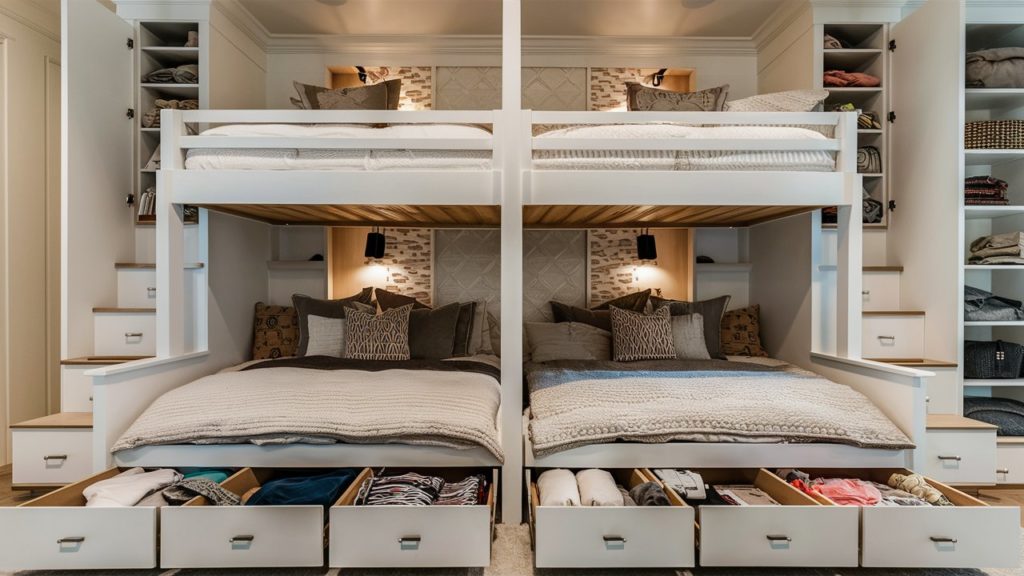 Two Bunk Beds with Large Storage Drawers Beneath