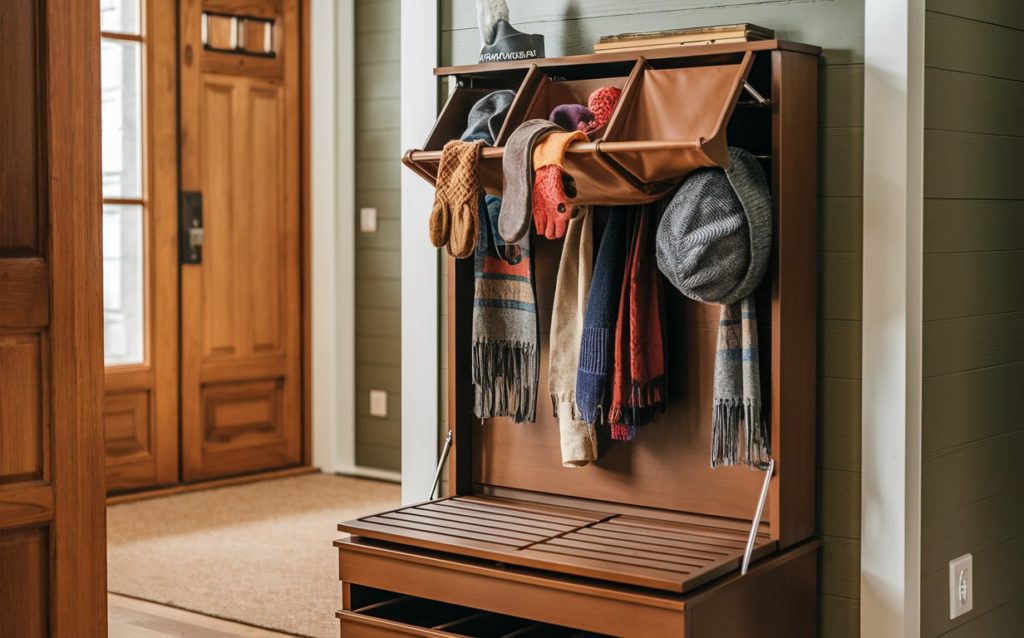 Organized entryway with shelves and baskets for storage