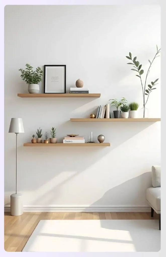 Floating shelves on a wall with minimalist décor