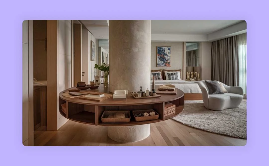 Living room with a round wooden table in the center