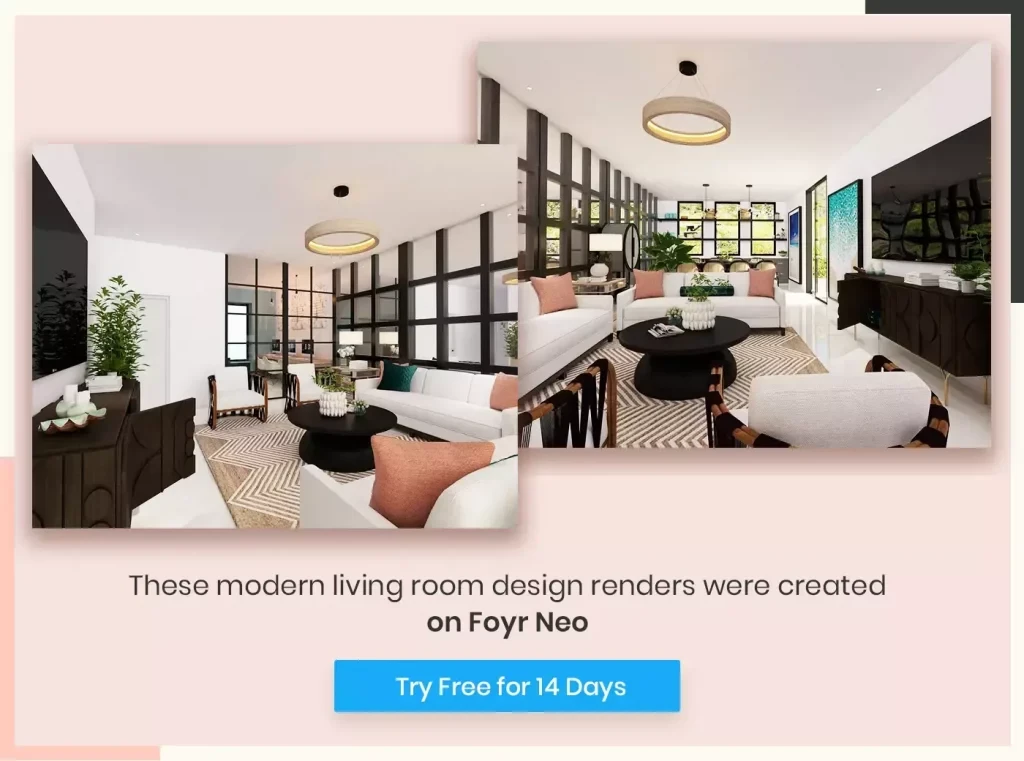 Modern living room design renders were created on Foyr Neo 
